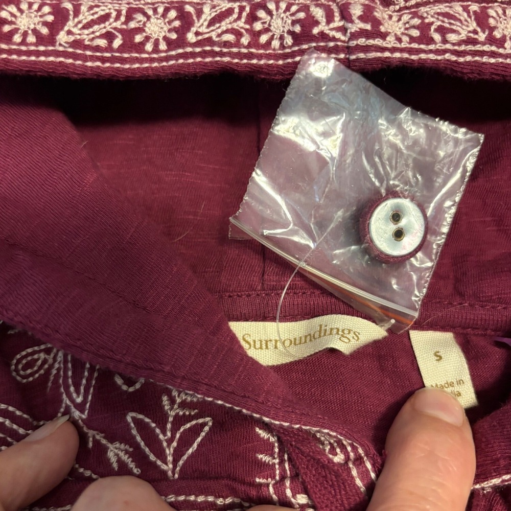 Soft Surroundings Burgundy Embroidered Button Up Hoodie Cotton Small 2EG93 - Picture 5 of 13